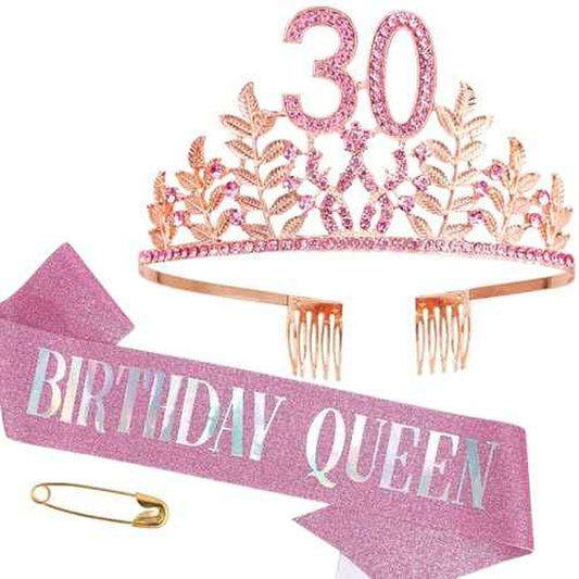 Birthday Sash Tiara Birthday Tiara Rhinestone Crown Rose Gold Birthday Queen Tiara Sash and Tiara for Women Birthday Decor Princess Tiara Cake Topper Crystals Hair Accessories for Party