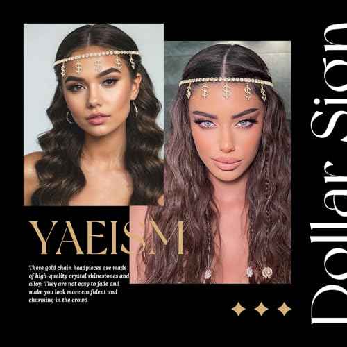 Gold Headpiece Dollar Sign Head Chain Bling Money Dangle Rhinestone Head Jewelry Sparkly Prom Party Hair Accessories for Women Girls