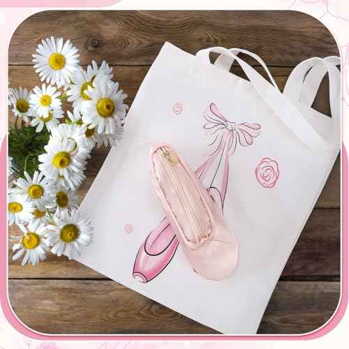 Kacctyen 3 Pcs Christmas Ballet Gifts for Girls Ballerina Shoes Canvas Tote Bag Ballet Dance Shoe Makeup Bag Pink Pom Pom Keychain for Ballerina Recital Birthday Xmas Gifts