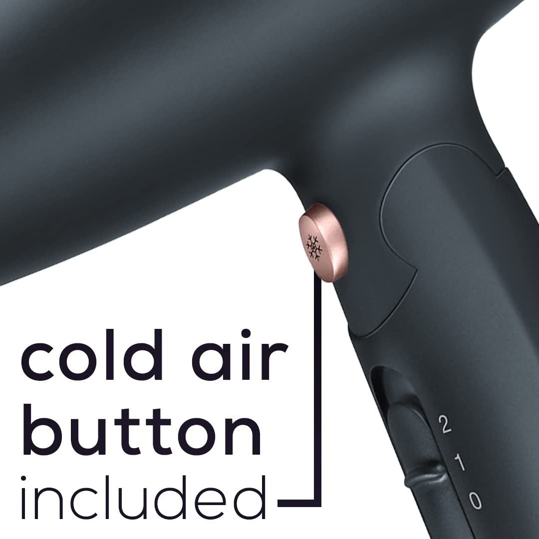 Beurer HC25 Ionic Hair Dryer for Travel with Voltage Switch 1600W Anti Frizz Blow Dryer, Foldable Handle, Lightweight Styler, Nozzle Attachment, Black and Rose Gold