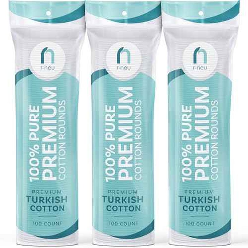 R-Neu 300 Count Premium [Turkish] Cotton Rounds, Stitched, Waffle Textured, 100% Pure & Natural Cotton Pads for Face, Hypoallergenic Makeup Remover (Packaging May Vary)