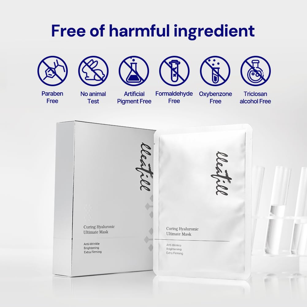 lleafill Curing Hyaluronic Ultimate Mask, Sheet Masks for All Skin Types (10 Count) 0.98 oz*10 sheets | Hydrating | Anti-aging | Glowy | Anti-Wrinkles | Dryness