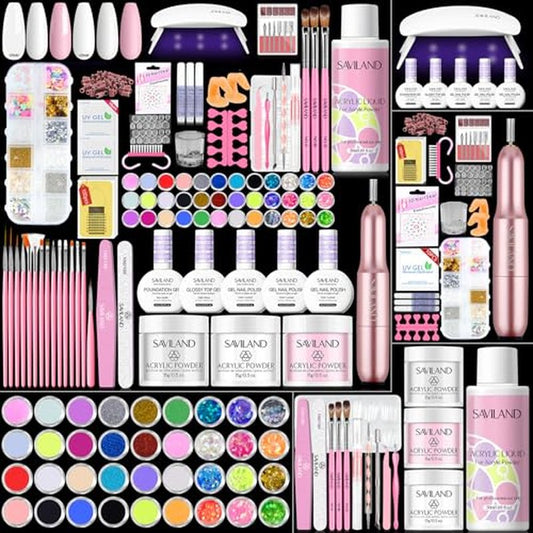 SAVILAND Essentials Acrylic Nail Kit: Premium Easy All-in-1 Nail Kit with Clear White Pink Acrylic Powder EMA Monomer Nail Drill Full Tools For Beginners Extension Carving Home DIY