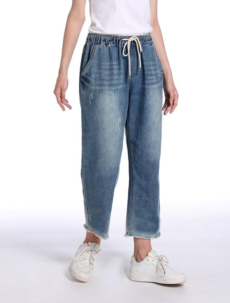 Cropped Jeans for Women - Loose Fit Cotton Denim Joggers with Elastic Waist & Ripped Details | Casual Style