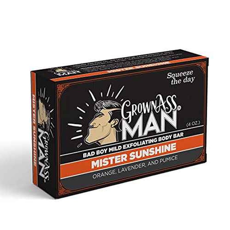 Grown Ass Man Co. Exfoliating Body Bars - Solid Soap with Natural Oils & Gentle Scrub - Plastic Free & Eco-Friendly, Natural & Organic for All Skin, 4oz Bar - Mister Sunshine - Mild Exfoliant, 6-Pack