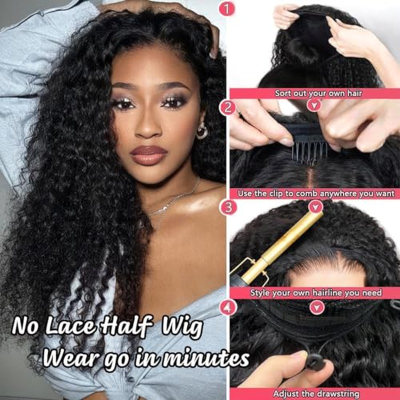 XSY Curly Half Wig Human Hair 12 Inch Deep Wave Half Wigs for Black Women 3 In 1 Beginner Friendly Glueless Wear and Go Half Curly Wig 180% Density Natural Black