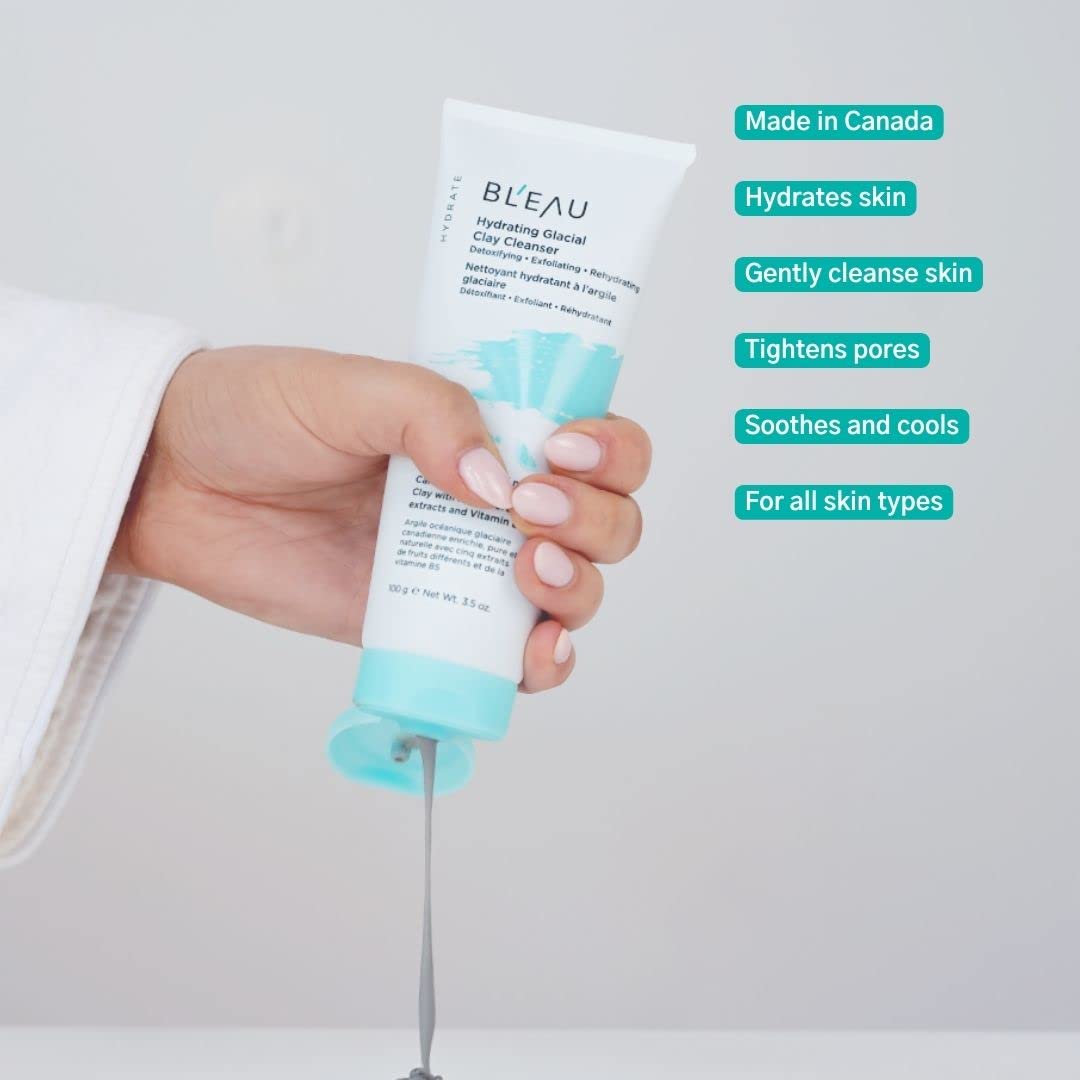 Bl'eau Hydrating Glacial Clay Cleanser detoxify exfoliate rehydrate Glacial Oceanic Clay and 5 fruits extracts to deep cleanse and soothe skin, cream to foam texture, cooling and hydrating skin feel (100 g (3.5 oz.))