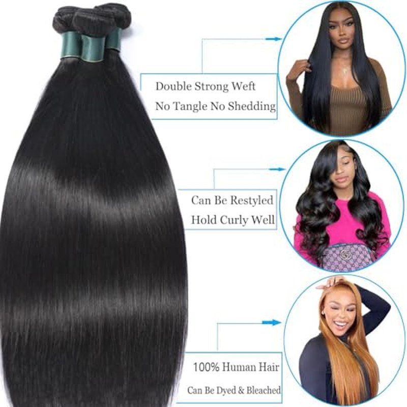 Great Grace Brazilian Straight Bundles Human Hair 12 14 16 Inch 12A 100% Unprocessed Virgin Human Hair Weave 3 Bundles Deals Natural Black Color (Natural Balck 3 Bundles, 12 14 16)