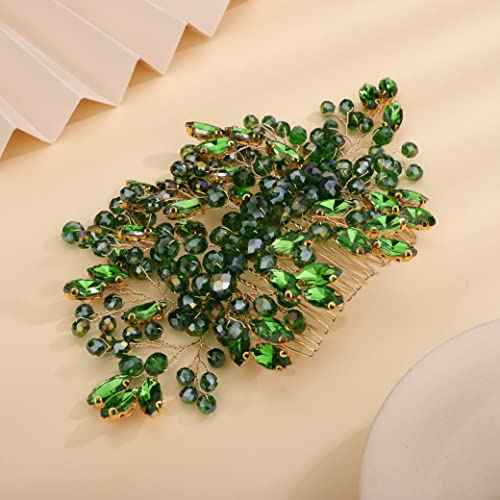 Green Crystal Rhinestone Hair Comb, Handmade Fashion Jewelry Hair Accessory for Women and Girls, Teardrop Rhinestone Headband with Green Beads, Size 15*10CM, Ideal for Wedding and Parties