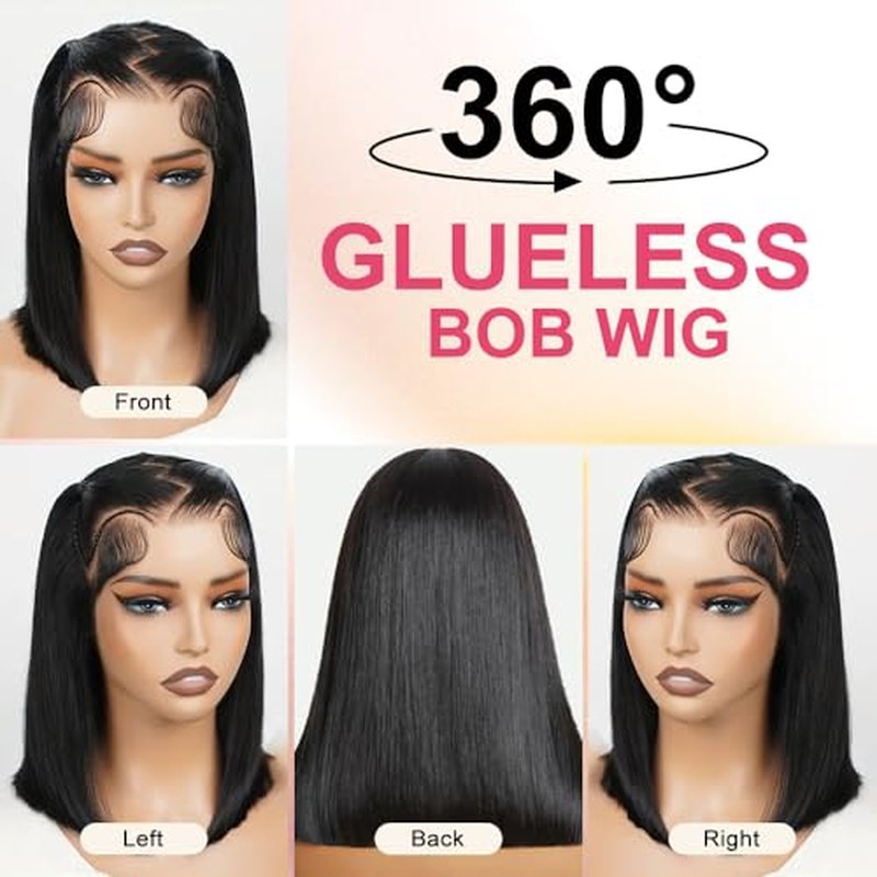 Bob Glueless Wigs Human Hair Pre Plucked Pre Cut 14 Inch 9x6 HD Lace Closure Wig Short Bob Glueless Wigs Human Hair Black Straight Wig Human Hair Wear and Go 200% Density for Women