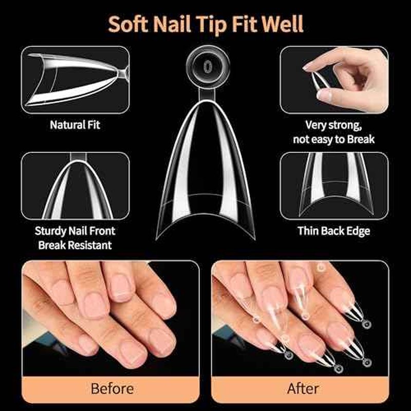 Almond Nail Tips,Soft Gel Almond X Press On Nails,300PCS Acrylic Nail Tips Half Cover Clear Gel Press on Flase Nail Tip for Extension 12Sizes