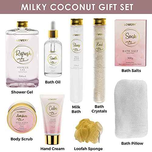 Luxury Bath Gift Set - Home Spa Gift Basket with Milky Coconut Scent, Vitamin E & Shea Butter with Shower Gel, Bath Salt & Crystals, Body Scrub, Hand Cream, Body Oil, Bath Pillow, Wooden Crate & More