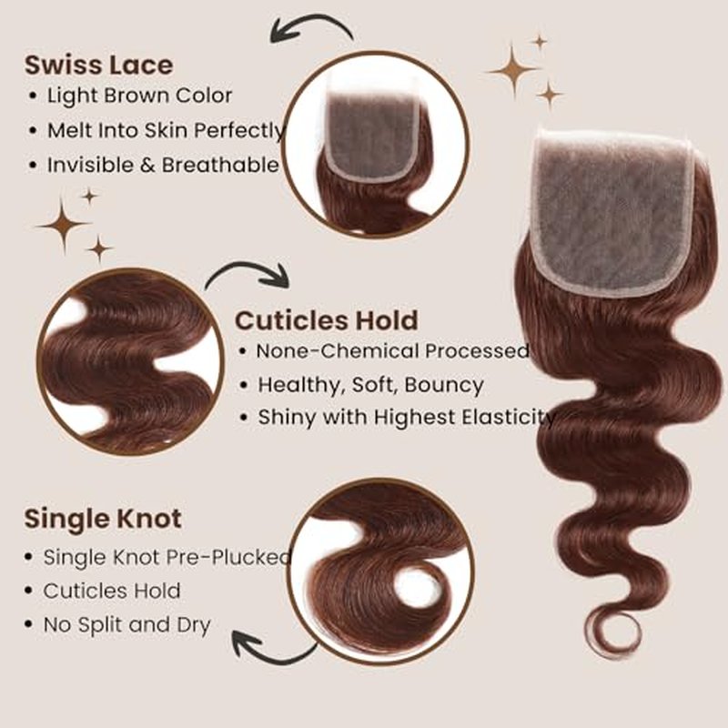 ALHER Color #4 Chocolate Brown Body Wave 4x4 Closure 12A Wavy Free Part Melt 4x4 Lace Closure 100% Virgin Remy Human Hair Brown Color Pre Plucked With Baby Hair Closure 16 Inch
