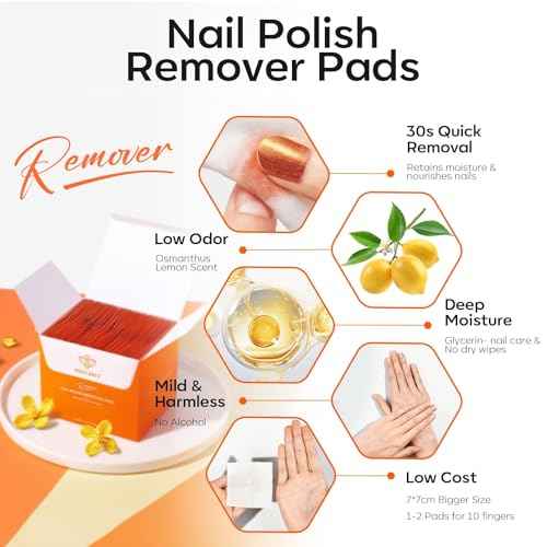 Modelones Nail Polish Remover Pads, Acetone Nail Polish Remover Wipes 50 PCS Professional Individually Wrapped Wet Wipes Easily & Quickly Lemon Smell Glycerin Moisturizing Big Size Portable