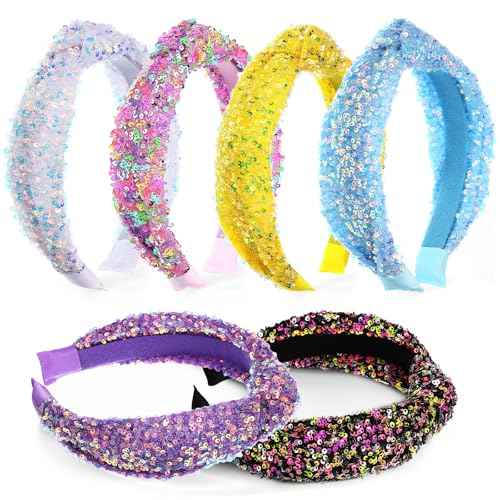 6 Pcs Sequin Knotted Headband for Girls Women Sparkly Knot Headbands Kids Rainbow Knotted Hair Bands Glitter Hair Accessories for Birthday Party Christmas