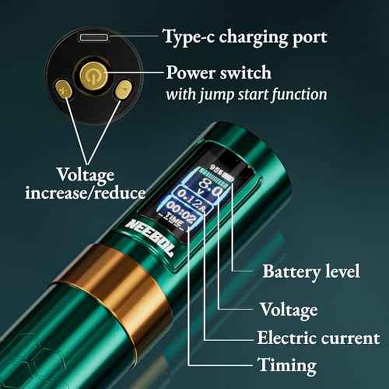 NEEBOL Wireless Tattoo Gun Rotary Tattoo Machine LED Display Screen High-end Tattoo Pen Equipment Supply 8 Hour Battery Life Extra Battery Permanent Tattoo Art Makeup Gift (Green)