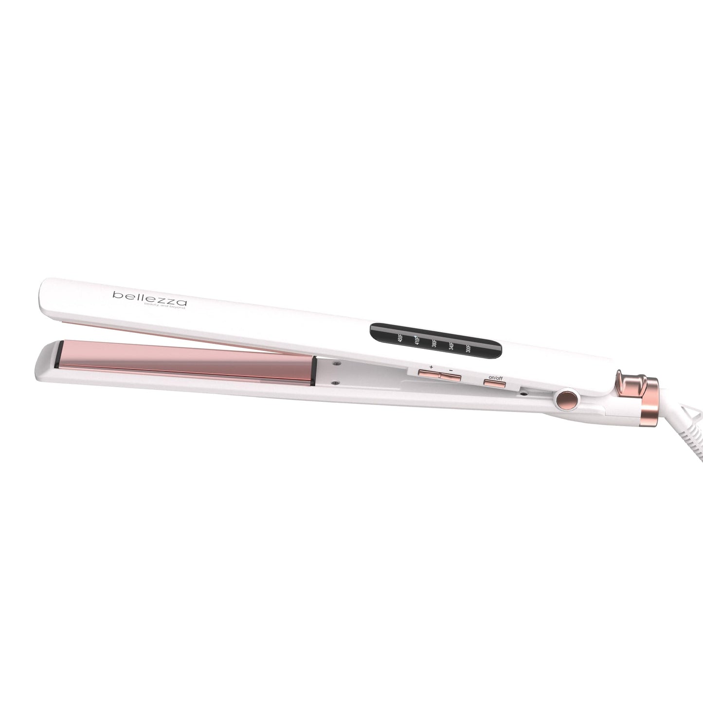 Bellezza SleekBeauty 1” Digital Flat Iron - Ultra-Slim Design - Precise LED Heat Settings to 450°F - Ceramic Plates - Hair Straightener (White Pink Rose)