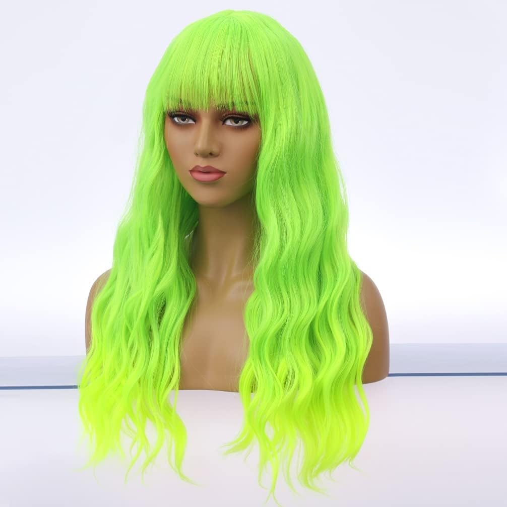 BERON 26 Inches Green Wig Long Curly Neon Green Wig with Bangs for Women Daily Party Hairnet Include