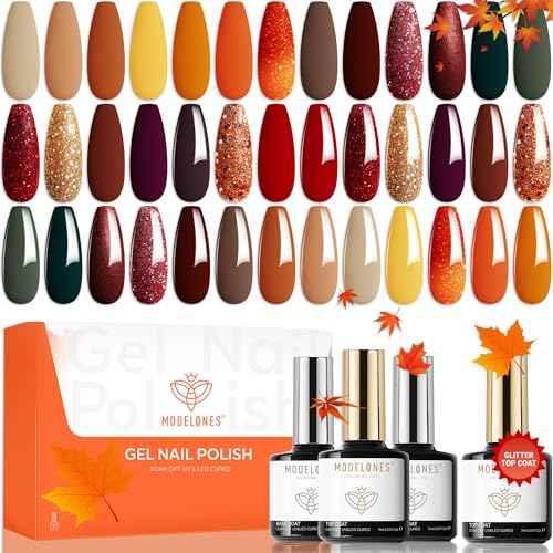 modelones 20 Colors Gel Nail Polish Kit, Fall Winter Gel Polish Set Soak Off Nail Polish Kit with Glitter, Glossy and Matte Top Base Coat DIY Manicure at Home