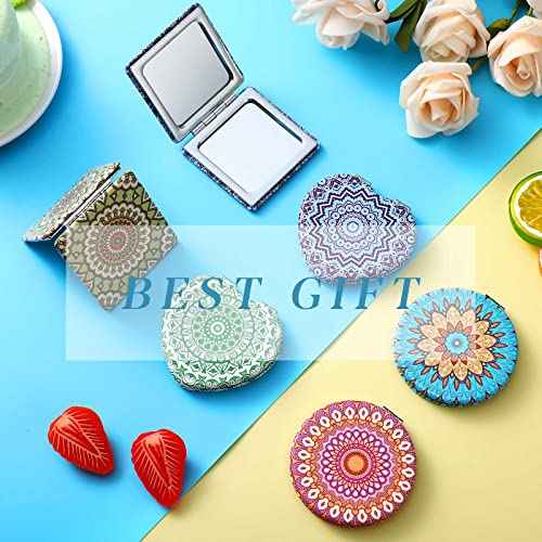 Mandala Design Pocket Mirror Mini Travel Makeup Purse Compact Accessories Beauty Magnifying Double Sides Pocket Mirror Portable Handheld Folding PU Leather Supply for Women(12 Pieces)