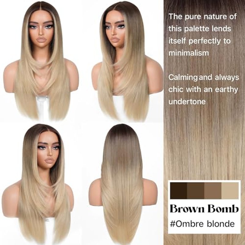 Ombre Blonde Wear and Go Glueless Wigs Pre Plucked Pre Cut for Beginners Synthetic Lace Front Wigs With Bangs Blonde Long Layered Straight Wigs 26 Inch 3 Seconds to Wear for Beginners