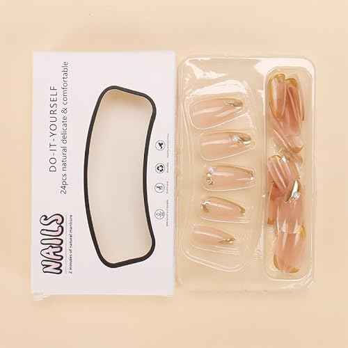 Press on Nails Almond Fake Nails French Tip False Nails with Gold Line Design Glue on Nails Press ons Medium Acrylic Nails Glossy Full Cover Stick on Nails for Women Manicure 24Pcs
