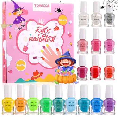TOMICCA Kids Nail Polish Sets, 18 Pcs 100% Non Toxic Peel Off Water Based Safe Quick Dry Nail Polish Kit, Birthday Gifts Nail Paint Set for Girls with Nail Separator Stickers Kit (Ages 3+)