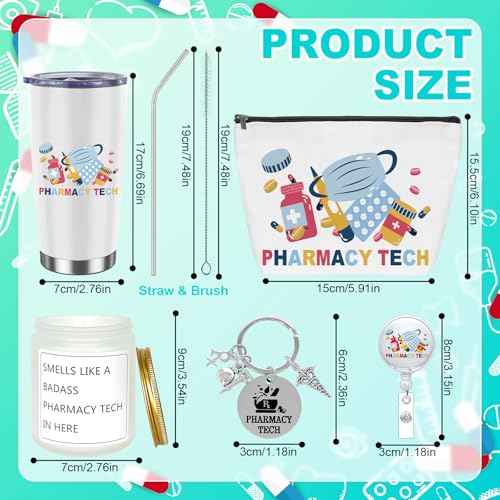 6 Pcs Pharmacy Technician Gifts Include Cup Portable Cosmetic Bag Badge Keychain Aromatherapy Thank You Card Pharmacy Technician Accessories for Doctors Nurses Week Gift Supplies