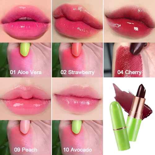 BINGBRUSH Peach Color Changing Lipstick,Moisturizer Long Lasting Lip Care Lip Balm Magic Lip Gloss Lip Tint Stain Gloss Set for Women(5 Pcs-01#Aloe+02#Strawberry+09#Peach+04#Red Cherry+10#Avocado)