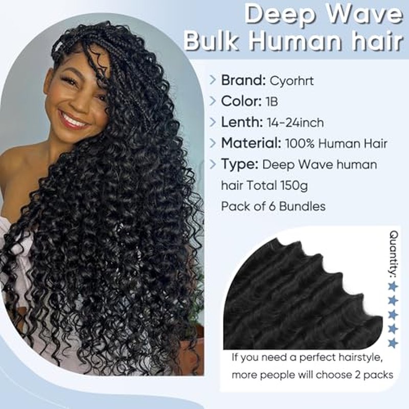 Human Braiding Hair for Boho Braids,150g 20 inch 6 Bundles Deep water Wave Bulk Boho Curly Human Hair for Braiding,Natural Color No Weft 12A Wet and Wavy Human Knotless Braiding Hair Extensions