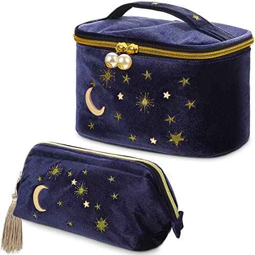 Patelai 2 Pcs Velvet Stars Makeup Bag Cosmetic Bag Handy Travel Starry Makeup Pouch Portable Embroidered Pouch Toiletry Wash Bag Cute Storage Bag Clutch Handbags(Navy,Sun Moon)