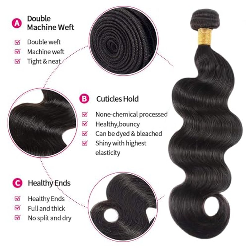 Body Wave Bundles Human Hair 16 18 20 Inch Human Hair 3 Bundles 100% Unprocessed Brazilian Raw Weave Bundle Human Hair Extensions for Black Women Natural Color