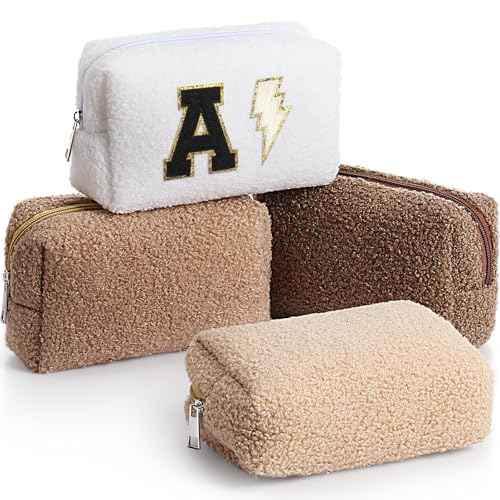 Paterr 4 Pcs Fuzzy Makeup Bag Set Bridesmaid Gift Plush Cosmetic Sherpa Pouch Zipper Travel Toiletry Bag for for Wedding Party Favors Bachelorette Party for Women(White Brown Colors)