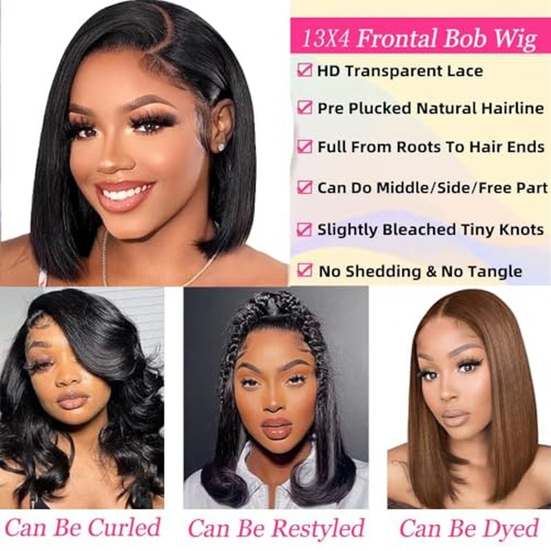 Bob Wig Human Hair 13x4 Lace Front Wigs Human Hair Pre Plucked 14 Inch Straight HD Lace Frontal Short Glueless Wigs for Women with Baby Hair 180% Density Natural Black Color