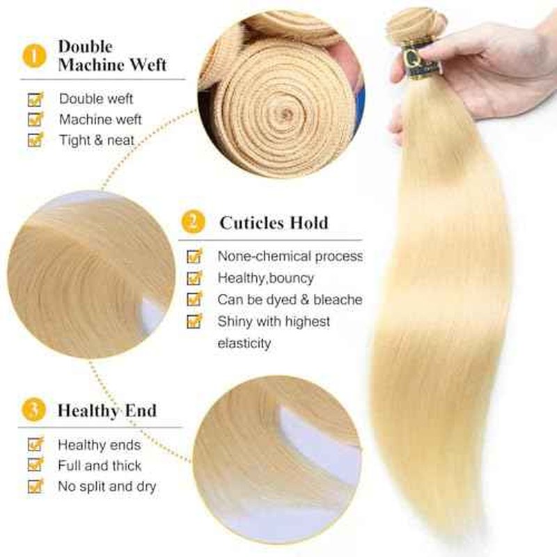 QTHAIR 613 Blonde Bundles 16" 18" 20" 300g 16A Grade Brazilian Virgin Straight Human Hair 3 Bundles 100% Unprocessed Virgin Remy Blonde Hair Weave For Women