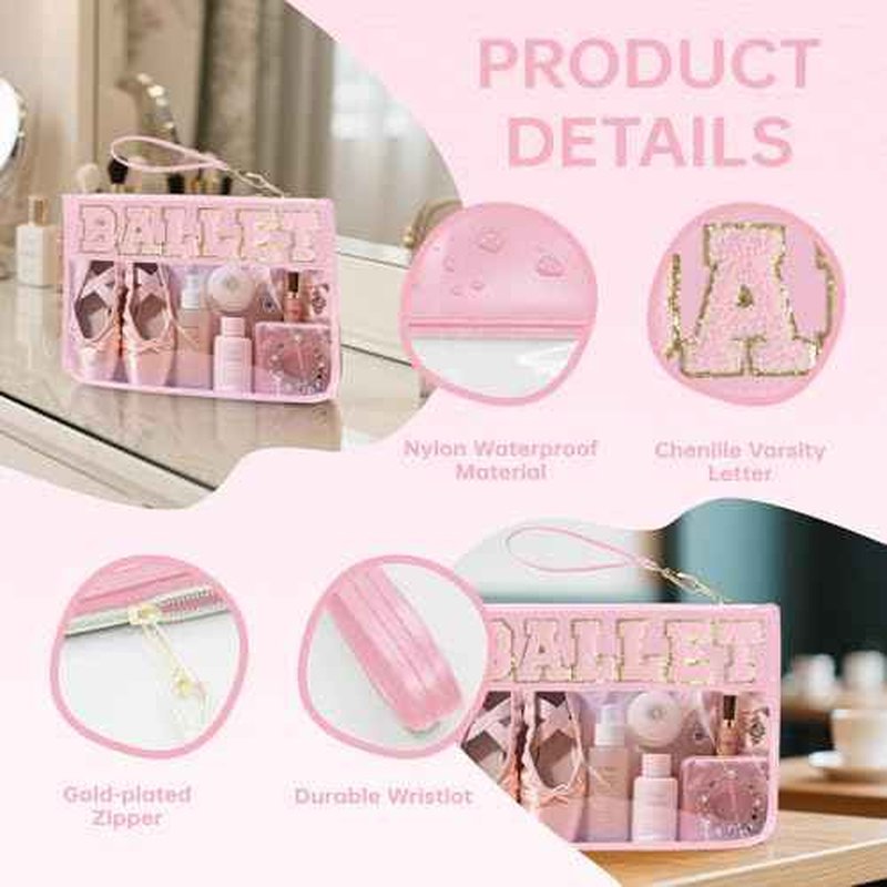 Chenille Letter Clear Zipper Pouch for Travel Preppy Patch Makeup Bag-Nylon Cosmetic Preppy Makeup Waterproof Organizer Bag Set for Women Valentines Bag (FS-BALLET)