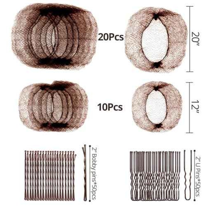 130pcs Hair Nets for Buns Set, 30pcs Dance HairNets(20'' & 12'') for Ballet Girls/Women, Invisible, 100pcs Secure & Natural Bun Bobby Pins(2"), Brown Hair Bun Accessories