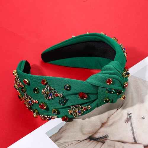 2PCS Christmas Headband for Women - Xmas Bow & Tree Knotted Headband with Red Green Crystal Pearl Jeweled Top Knot - Festive Holiday Hair Accessories - Party Gifts