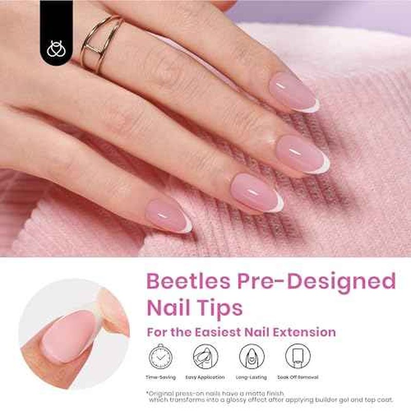 Beetles French Tips Press On Nails: 224 Pcs Pink French Tip Nails Short Almond Fake Nail Tips, Soft Gel Nail False Nails No Need to File DIY Art Design Gifts for Women