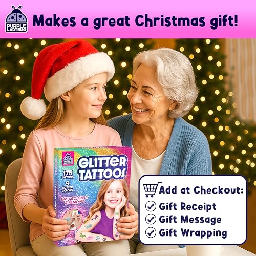 PURPLE LADYBUG 175-Piece No-Mess Temporary Glitter Tattoo Kit for Kids & Teens - Craft for Girls 8-12, Birthday Gift for Girls 6-12, Sleepover Kit, Shimmer Body Art, Halloween Party, Trick or Treat