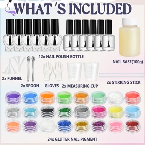 Nail Polish Making Kit, JCOOS DIY Nail Kit for Beginners With Everything, 12 Empty Nail Polish Bottles with Brush, 24 Pigment, Fun Nail Polish Kit, Christmas Gifts for Kids Nail Polish Set for Girls