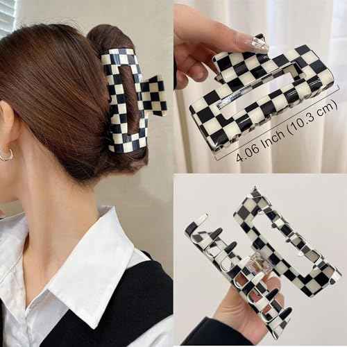 Checkered Rectangle Hair Claw Clips, Large Acrylic Multicolored Square Checker Barrettes for Thin Thick Hair Cute Non Slip Hair Jaw Clips Strong Hold Rectangle Claw Clamps for Women Ladies (4 Pack)