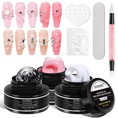 Solid Builder Gel for 3D Nail Art Extension Gel Non Stick Hand Sculpture Hard Gels with Dual Form Flower Strengthen for Home DIY Nails Salon Lamp Cure Require 30g(1oz)