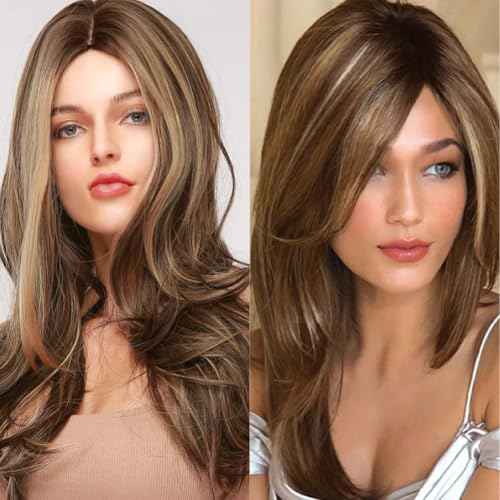 Brown Long Wigs for Women Mix Blonde Straight Middle Part Heat Resistnt Fibre Hair Wig Natural Daily Party Wig