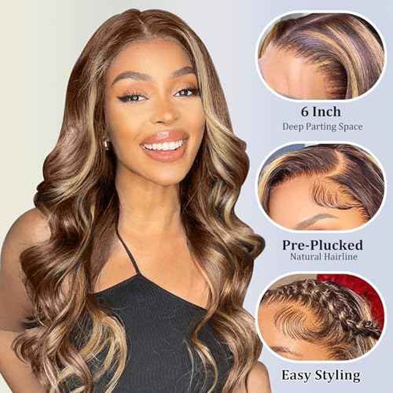 4/27 Honey Blonde Wig Human Hair 13x6 Ombre Lace Front Wigs Human Hair 22 Inch Long, Body Wave Balayage HD Lace Frontal Wig 13x6 Skunk Stripe Human Hair Wigs, 12A 100% Real Brazilian Wigs 180 Density
