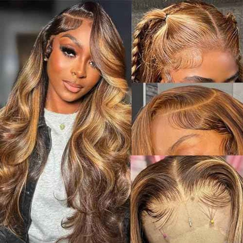 SWEETGIRL Highlight Ombre 13x6 Lace Front Wig Human Hair Body Wave Lace Front Wigs Human Hair Pre Plucked Honey Blonde P4/27 Ombre Colored Lace Frontal Wigs for Women 180 Density 28 Inches