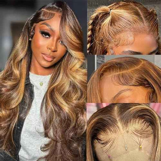 SWEETGIRL Highlight Ombre 13x6 Lace Front Wig Human Hair Body Wave Lace Front Wigs Human Hair Pre Plucked Honey Blonde P4/27 Ombre Colored Lace Frontal Wigs for Women 180 Density 28 Inches