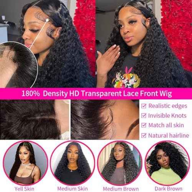 Wingirl 13x4 HD Deep Wave Lace Front Wigs Human Hair Pre Plucked with Baby Hair Transparent 180 Density Glueless Lace Frontal Wigs for Women Natural Black Color