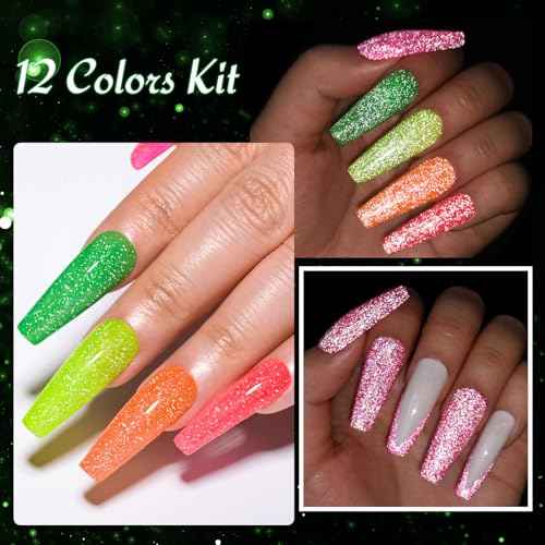MTSSII Reflective Glitter Neon Gel Nail Polish Set, 12 Colors Gel Nail Polish Set Nails Gel Blue Hot Pink Purple Green Soak Off Uv Led Gel Nail Polish Kit Nail Gift for Her