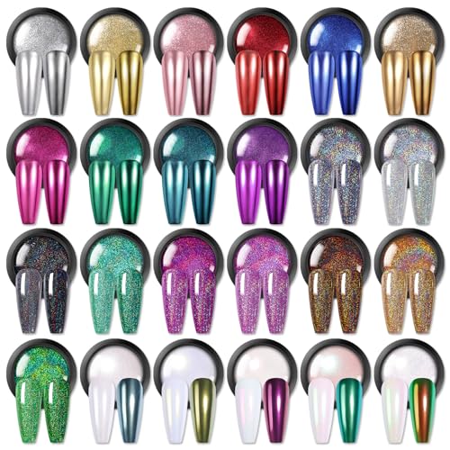 BORN PRETTY Holographic Nail Powder Mirror Metallic Powder Pigment Gold Silver Red Purple Blue Green 24 Colors Manicure Nail Art Decoration Sets for Christmas Gifts
